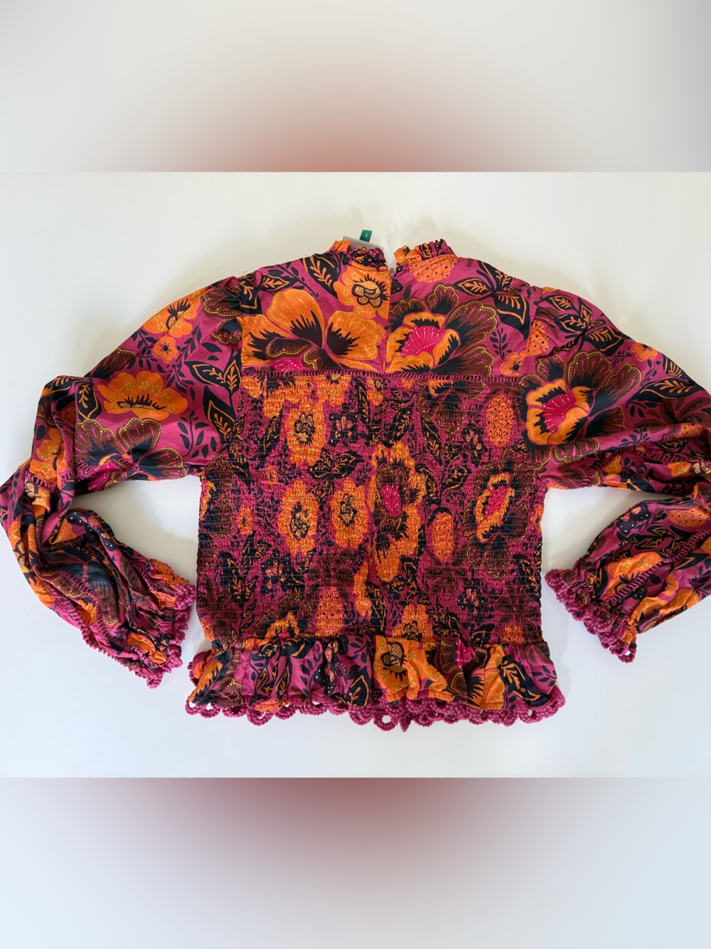 Farm Rio Smocked Floral Long-Sleeve Top in Pink and Yellow - Picture 4 of 4